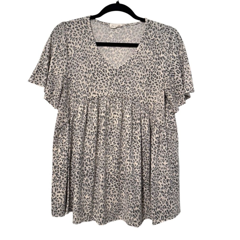 Lime & Chili Babydoll Top Gray Leopard Animal Print Flutter Sleeve Womens Medium